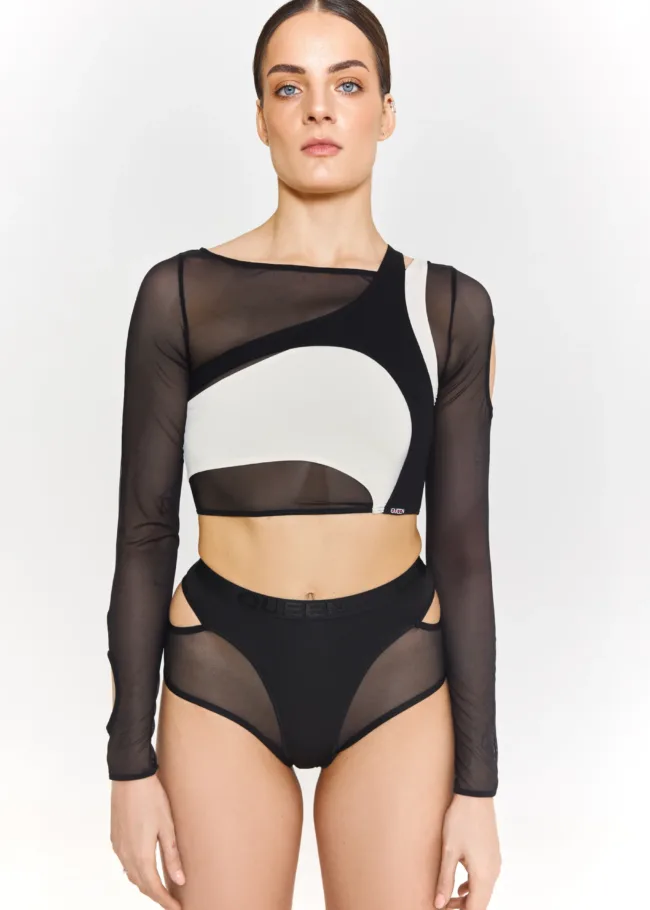 Long Sleeve Top with Mesh – HEDONIST – Black-cream - 22D5599 scaled